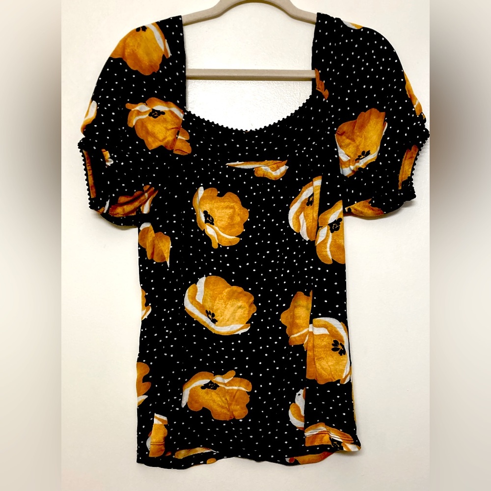 Anthropologie Ric Rac Black Polka Dot Mustard Floral Blouse!